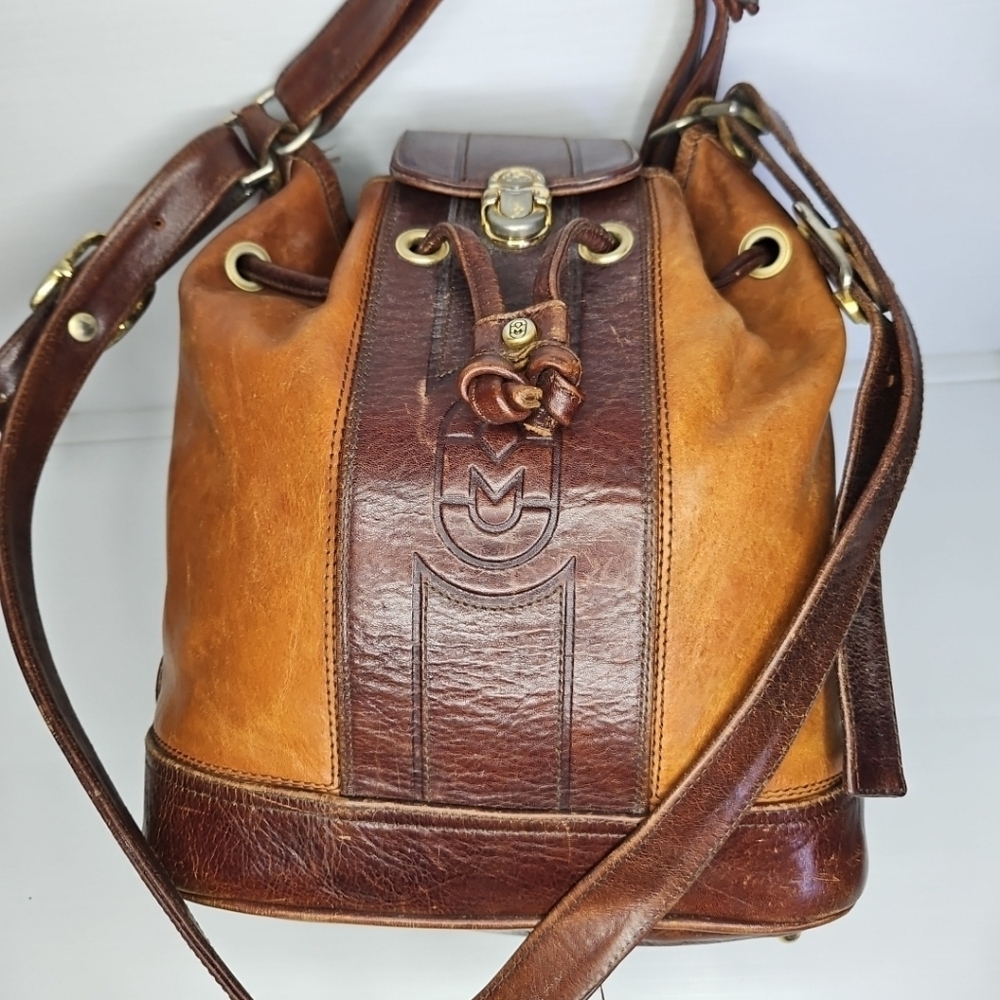 Vintage Marino Orlandi Large Leather Drawstring Bucket Tote Bag Authentic Design - Picture 9 of 14